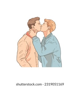 portrait of gay Couple being loving and happy. Two gay boys kissing. Pride community concept. Hand drawn Vector illustration. Isolated on white background, flat colors, outline 