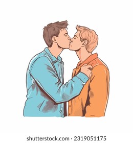 portrait of gay Couple being loving and happy. Two gay boys kissing. Pride community concept. Hand drawn Vector illustration. Isolated on white background, flat colors, outline 