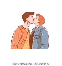 portrait of gay Couple being loving and happy. Two gay boys kissing. Pride community concept. Hand drawn Vector illustration. Isolated on white background, flat colors, outline 