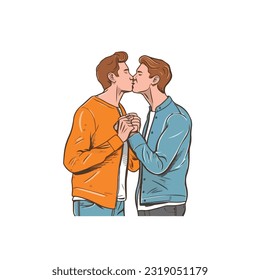 portrait of gay Couple being loving and happy. Two gay boys kissing. Pride community concept. Hand drawn Vector illustration. Isolated on white background, flat colors, outline 