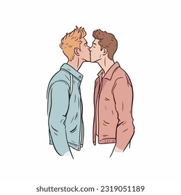 portrait of gay Couple being loving and happy. Two gay boys kissing. Pride community concept. Hand drawn Vector illustration. Isolated on white background, flat colors, outline 
