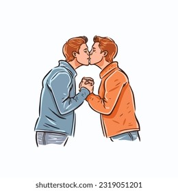 portrait of gay Couple being loving and happy. Two gay boys kissing. Pride community concept. Hand drawn Vector illustration. Isolated on white background, flat colors, outline 