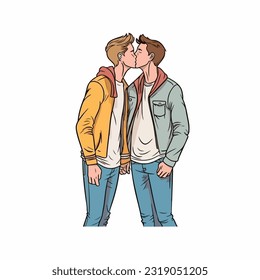 portrait of gay Couple being loving and happy. Two gay boys kissing. Pride community concept. Hand drawn Vector illustration. Isolated on white background, flat colors, outline 