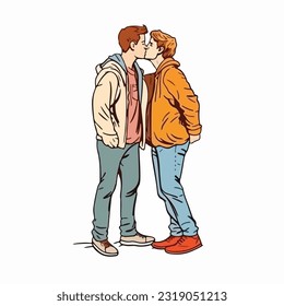 portrait of gay Couple being loving and happy. Two gay boys kissing. Pride community concept. Hand drawn Vector illustration. Isolated on white background, flat colors, outline 