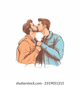 portrait of gay Couple being loving and happy. Two gay boys kissing. Pride community concept. Hand drawn Vector illustration. Isolated on white background, flat colors, outline 