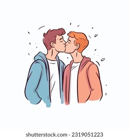 retrato de pareja gay siendo cariñosa y feliz. Dos gays besándose. El concepto de comunidad de orgullo. Ilustración de vectores dibujada a mano. Aislado sobre fondo blanco, colores planos, contorno 