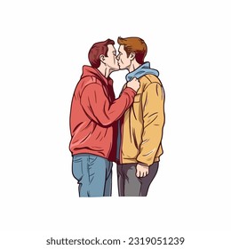 portrait of gay Couple being loving and happy. Two gay boys kissing. Pride community concept. Hand drawn Vector illustration. Isolated on white background, flat colors, outline 