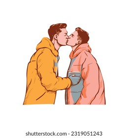 portrait of gay Couple being loving and happy. Two gay boys kissing. Pride community concept. Hand drawn Vector illustration. Isolated on white background, flat colors, outline 