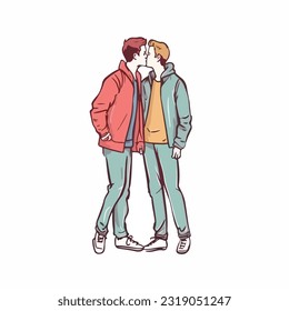 portrait of gay Couple being loving and happy. Two gay boys kissing. Pride community concept. Hand drawn Vector illustration. Isolated on white background, flat colors, outline 