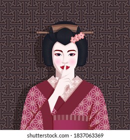 Portrait of geisha holds finger to her lips