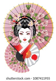 Portrait of geisha with oriental fan and decorative umbrella illustration.