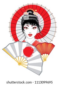 Portrait of geisha with oriental fan and decorative umbrella illustration.