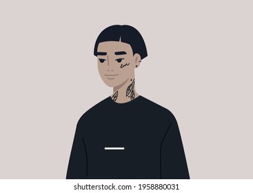 A portrait of a gender neutral Asian character wearing piercing, tattoos, and dark clothes, underground lifestyle