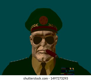 Portrait of a general with glasses and a cigar. Polygonal military uniform. 3D. Vector illustration.