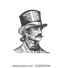 portrait of a gentleman, a man in a top hat is drawn in the style of an engraving