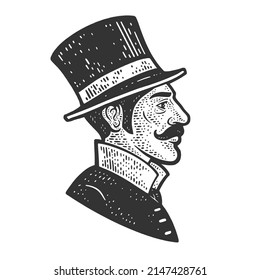 Portrait of gentleman with mustache in top hat sketch engraving vector illustration. T-shirt apparel print design. Scratch board imitation. Black and white hand drawn image.