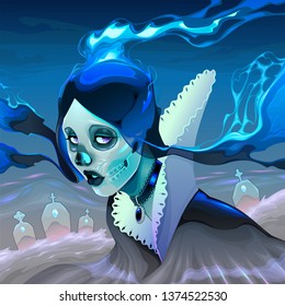 Portrait of a ghost girl in the cemetery. Vector horror illustration