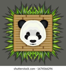 Portrait of a giant panda (Ailuropoda melanoleus) on a bamboo background. Bear head with leaves and trunk. Cute cartoon black and white fur mammal. Asian wildlife vector concept. Chinese pet