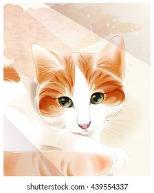 Portrait of the ginger cat. Watercolor background