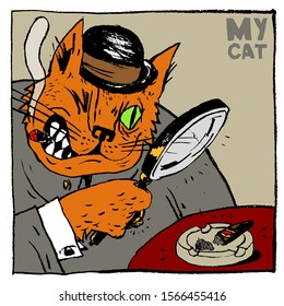 Portrait of a ginger detective cat in a bowler hat with a magnifying glass and a cigar. Calligraphy. Color vector illustration. Can be used in social networks, for articles, publications, postcards.
