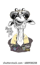 Portrait Of The Giraffe In A Aviator Glasses And Leather Jacket With A Sewing Embroidery Patch. Vector Illustration.