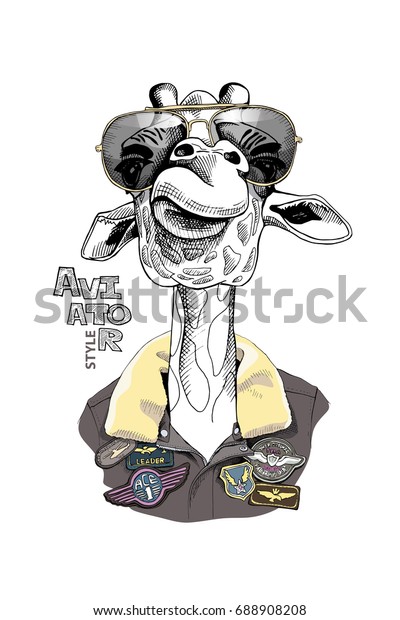 Portrait Giraffe Aviator Glasses Leather Jacket Stock Vector (Royalty ...