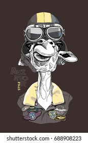 Portrait Of The Giraffe In A Aviator Helmet And Leather Jacket With A Sewing Embroidery Patch. Vector Illustration.