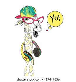 portrait of giraffe in cap with headphones, hand drawn graphic