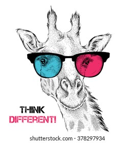 Portrait of the giraffe in the colored glasses. Think different. Vector illustration.