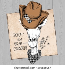 Portrait of a giraffe in a cowboy hat and checkered cravat. Vector illustration.