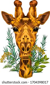 portrait of a giraffe with flowers and leaves vector illustration