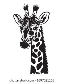 Retrato de una jirafa. Ilustración de la jirafa de la cabeza con manchas. Animales africanos. Tatuaje también. Zoo. Dibujo para niños. 