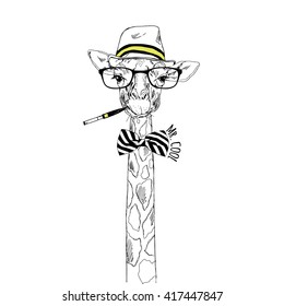 retrato de jirafa en sombrero de jazz con puro, gráfico dibujado a mano