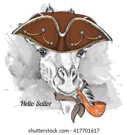 Portrait of giraffe in sailor hat and with tobacco pipe. Vector illustration.