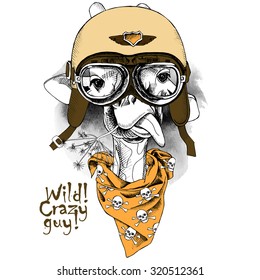 Portrait of a giraffe wearing the retro motorcyclist helmet and neckerchief with images a skull. Vector illustration.