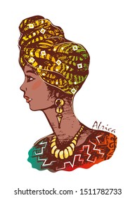 Portrait of a girl in an African outfit. A beautiful African woman in a colorful turban and with decorations in her ears and neck. Sketch. Vector illustration