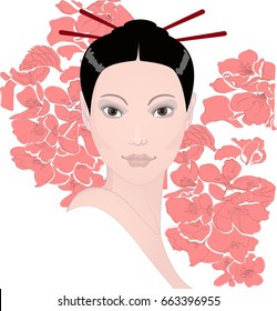 Portrait of a girl against the background of a flowering plant