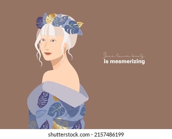 Portrait of a girl with albinism. Postcard concept that supports people with the rare genetic disease albinism. Self-acceptance and self-love. Stock vector illustration in flat style.