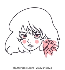 Portrait of a girl in anime style with big pink eyes, short haircut, flower earring. Vector illustration, postcard, design