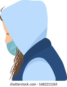 Portrait of a girl in an antiviral mask. Graphic drawing. Influenza, virus, bacteria outbreak concept