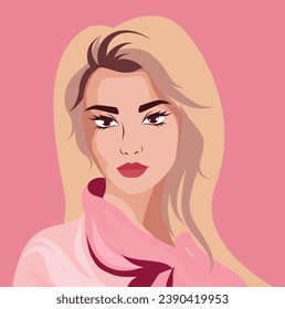 Portrait of a girl. Avatar girl. Avatar for social networks. Pink color palette. Hairstyle. Postcard, poster. Vector flat bright illustration on pink background