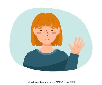 Portrait of a girl. Avatar of a woman waving her hand. Flat style. 