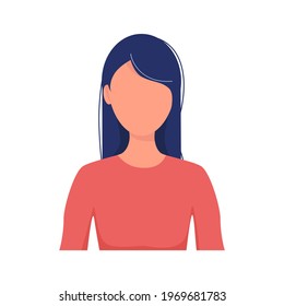 Portrait of girl with beautiful long hair, isolated on white background. Portrait of young woman without face. Avatar for social network, mobile app. Minimalist. Vector flat illustration