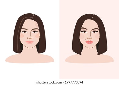 Portrait of girl with blach hair and bright makeup. Cute illustration of woman face. Contour line illustration for beauty salons, cosmetics. 