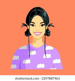 Retrato de una chica con el pelo negro. Aspecto asiático. Joven con dos manojos de pelo y trenzas. Vestido en un suéter morado con nubes. Avatar con fondo naranja. Caricatura, vector.