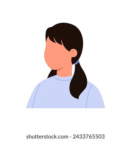 Portrait of girl with black hair, avatar of little faceless female character vector illustration