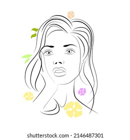 portrait of a girl in black line with colored flowers. Face in yas with parted lips. Supports head with hand