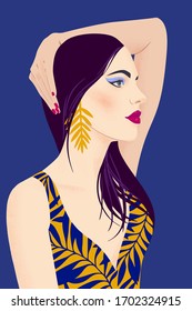 Portrait of a girl with black long hair and large earrings. Pretty woman with bright makeup on a blue background. Flat vector illustration. Fashion model pose, beauty look.