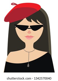 Portrait of a girl in black shirt with sunglasses red basket and silver necklace vector illustration on white background 