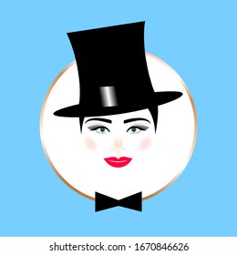 Portrait of a girl in a black top hat. Girl's face in a gold frame on a blue background. Vector trendy illustration.